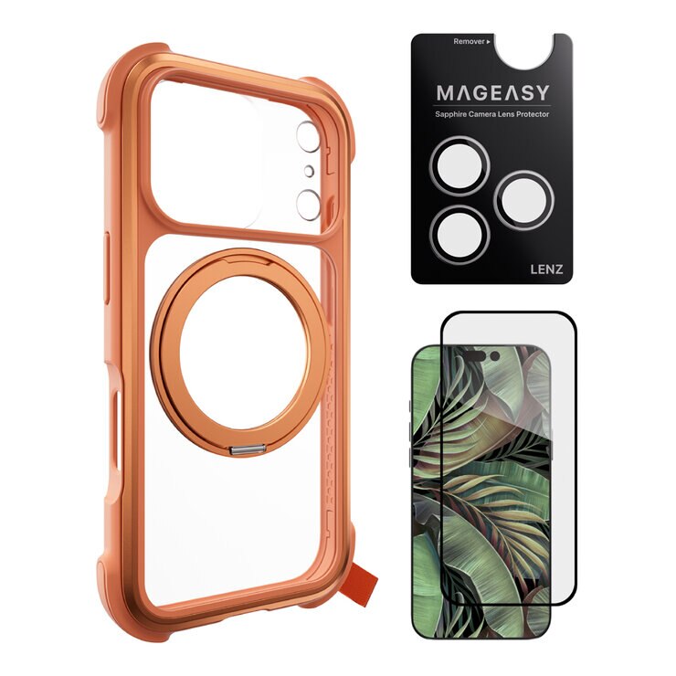 MAGEASY Odyssey Stand M 超軍規防摔磁吸支架手機殼 iPhone 17 Pro(珊瑚) + 鏡頭保護貼Lenz(白色) + Vetro 9H 鋼化玻璃保護膜