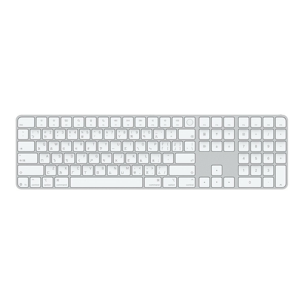 Apple 巧控鍵盤 含 Touch ID 與數字鍵盤 適用於配備 Apple 晶片的 Mac 機型 中文(注音) 白色按鍵 Apple 巧控鍵盤 含 Touch ID 與數字鍵盤 適用於配備 Apple 晶片的 Mac 機型 中文(注音) 白色按鍵