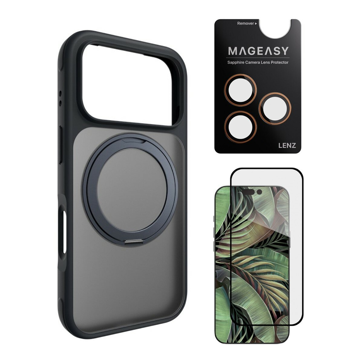 MAGEASY MagStand 360 M Magnetic Rotating Stand Drop-Proof Phone Case for iPhone 17 Pro (Midnight) + Lens Protector Lenz (Coral) + Vetro 9H Tempered Glass Film