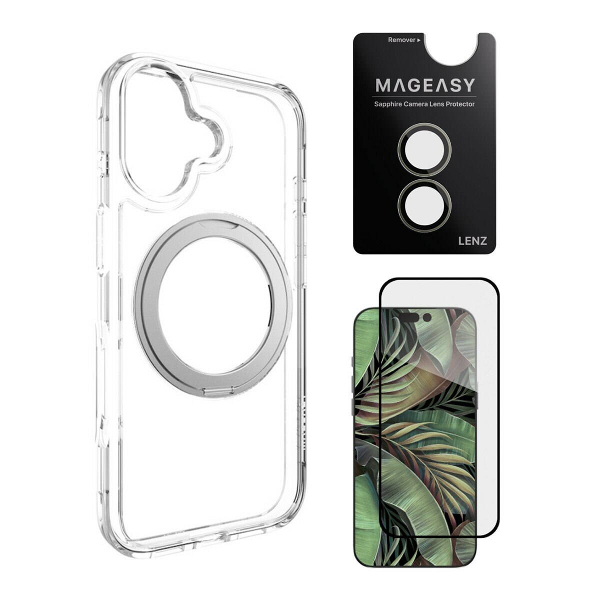 MAGEASY MagStand 360 M 磁吸旋轉支架防摔手機殼 iPhone 17 (透明) + 鏡頭保護貼Lenz(鼠尾草) + Vetro 9H 鋼化玻璃保護膜