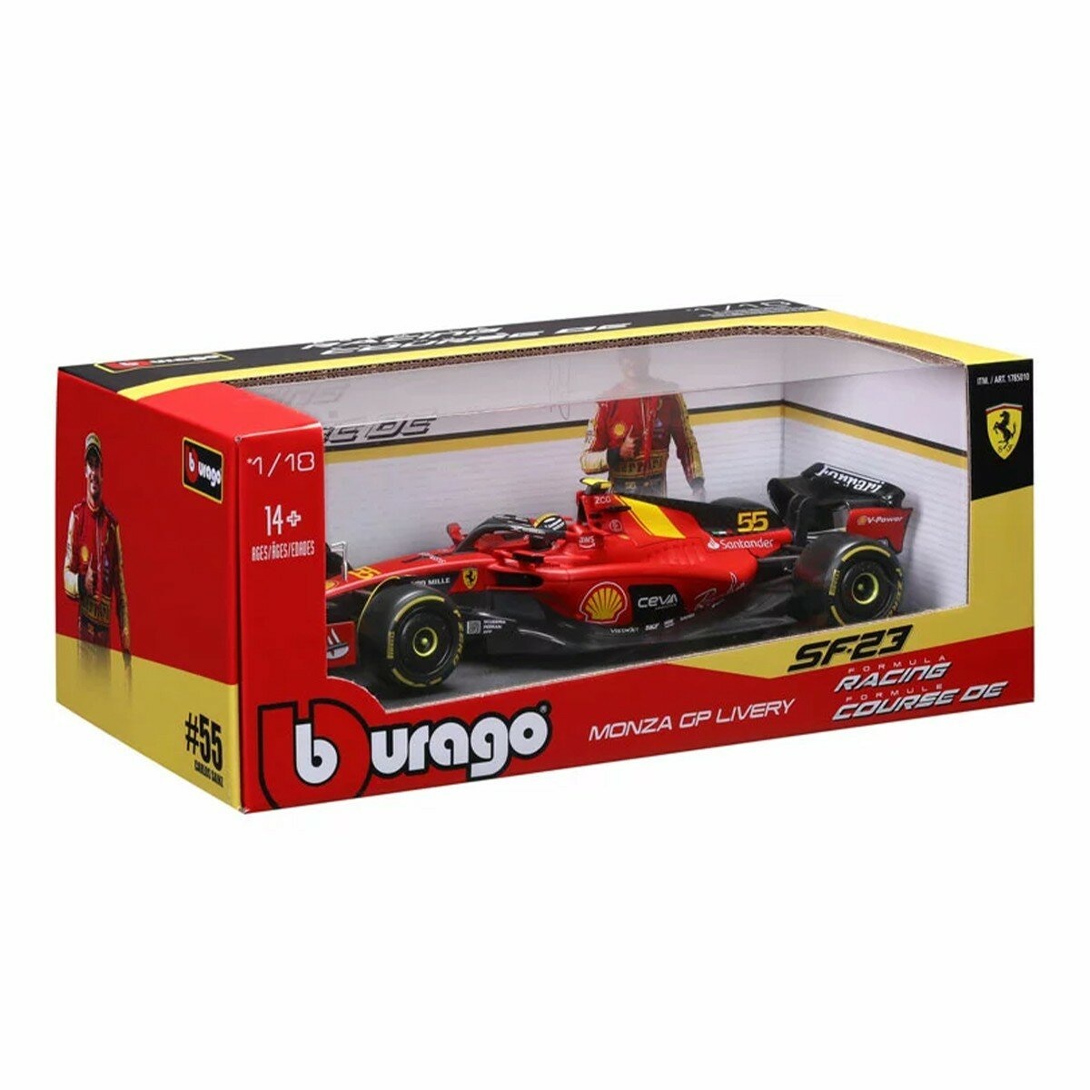 Bburago 1:18 賽車模型 Ferrari SF-23 (#55 Carlos Sainz , 含頭盔) 義大利大獎賽蒙扎塗裝版 消光紅 / 14歲以上 Bburago 1:18 賽車模型 Ferrari SF-23 (#55 Carlos Sainz , 含頭盔) 義大利大獎賽蒙扎塗裝版 消光紅 / 14歲以上