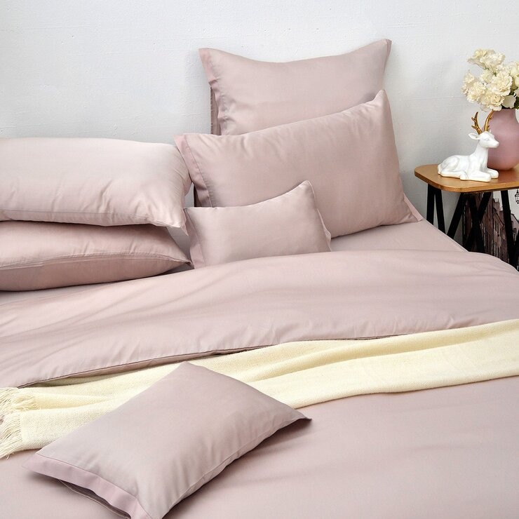 La Belle 雙人特大 300織天絲棉素色 被套床包四件組拼接款 粉