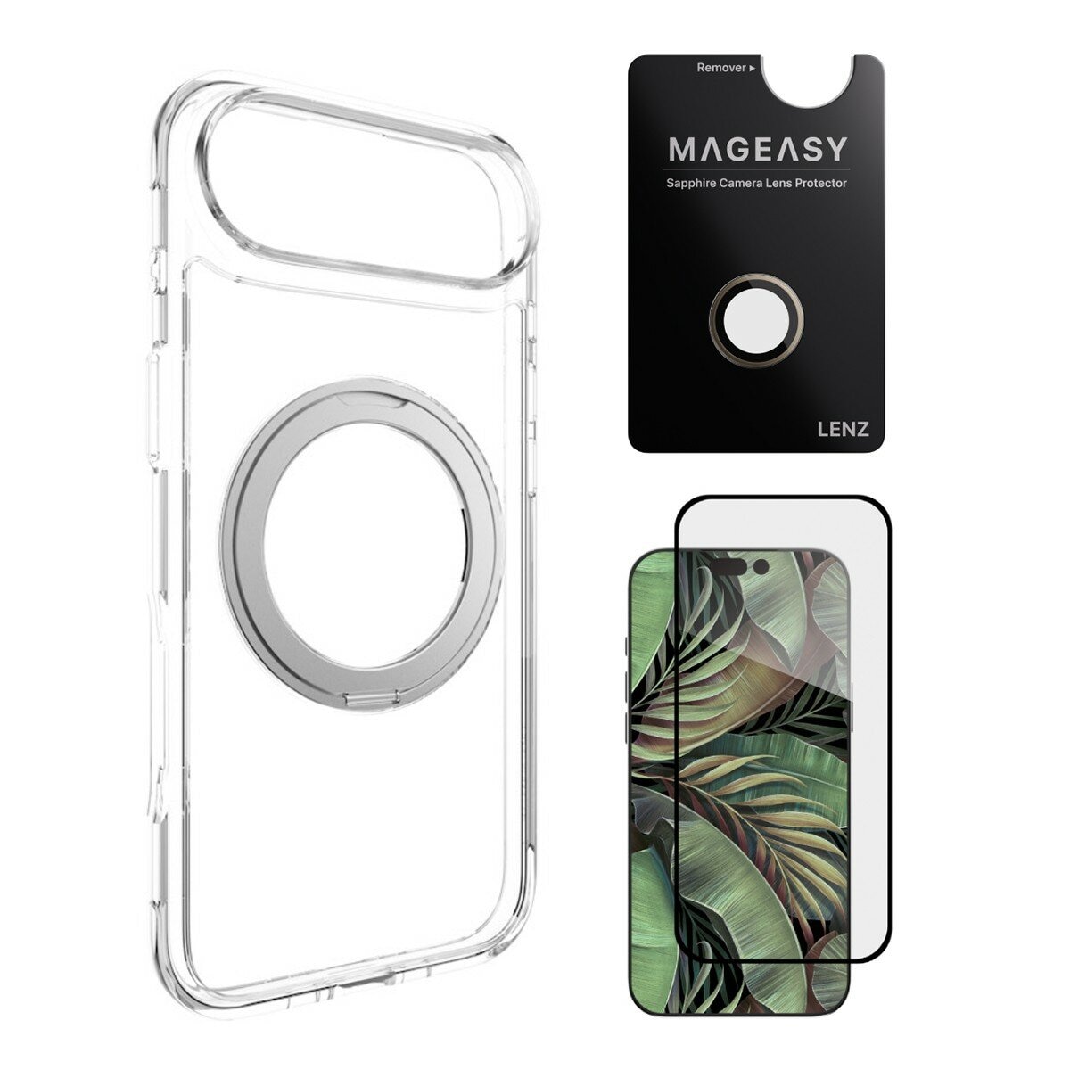 MAGEASY MagStand 360 M 磁吸旋轉支架防摔手機殼 iPhone Air (透明) + 鏡頭保護貼 Lenz(沙漠) + Vetro 9H 鋼化玻璃保護膜