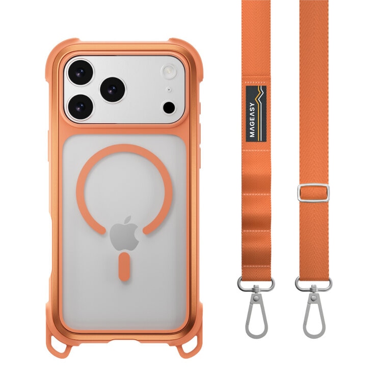 MAGEASY Odyssey Strap M 超軍規防摔掛繩手機殼 iPhone 17 Pro Max(珊瑚/魅力橘) + 鏡頭保護貼Lenz(白色) + Vetro 9H 鋼化玻璃保護膜
