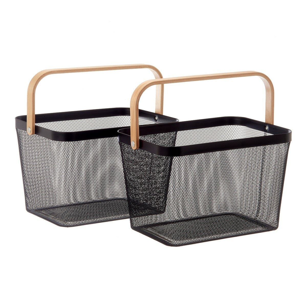 鐵網置物收納籃 木頭手把 2件組