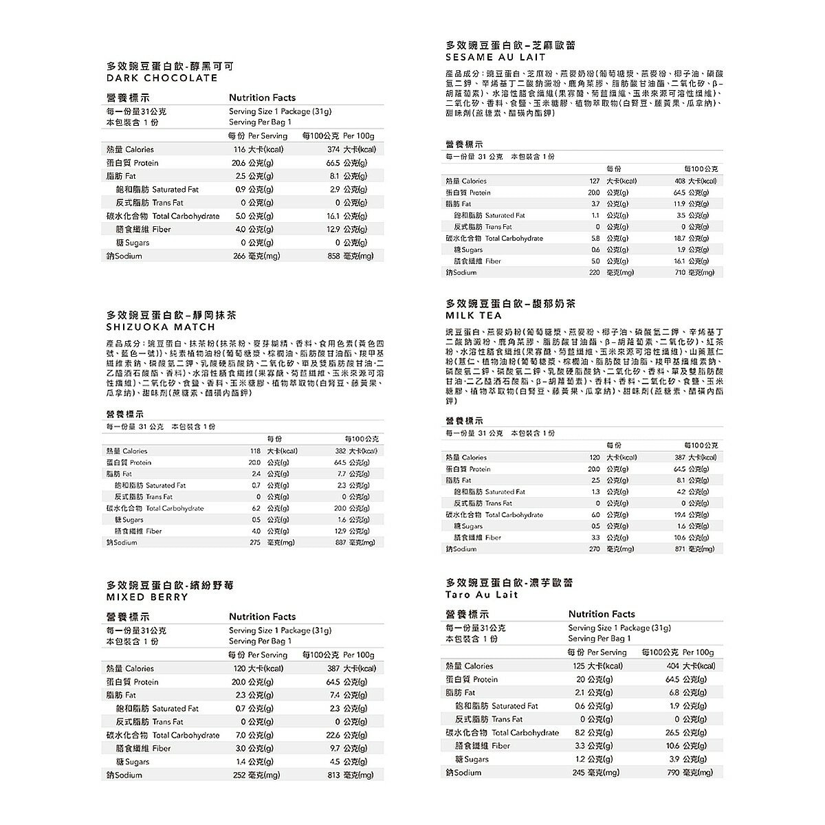 Body Goals 全素多效豌豆蛋白飲組合31公克 X 60入 (醇黑可可 / 芝麻歐蕾 / 馥郁奶茶 / 靜岡抹茶 / 濃芋歐蕾 / 繽紛野莓)