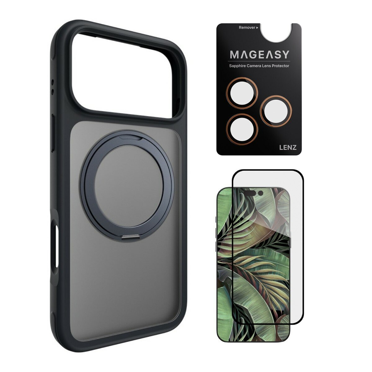 MAGEASY MagStand 360 M 磁吸旋轉支架防摔手機殼 iPhone 17 Pro Max(午夜) + 鏡頭保護貼Lenz(珊瑚) + Vetro 9H 鋼化玻璃保護膜