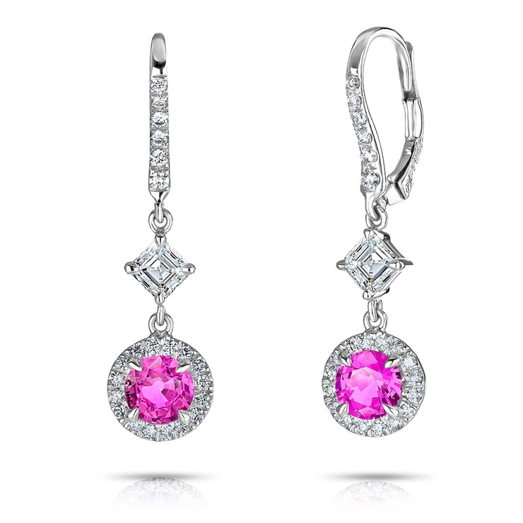1.86克拉圆形粉红宝石1.44克拉铂金钻石耳环